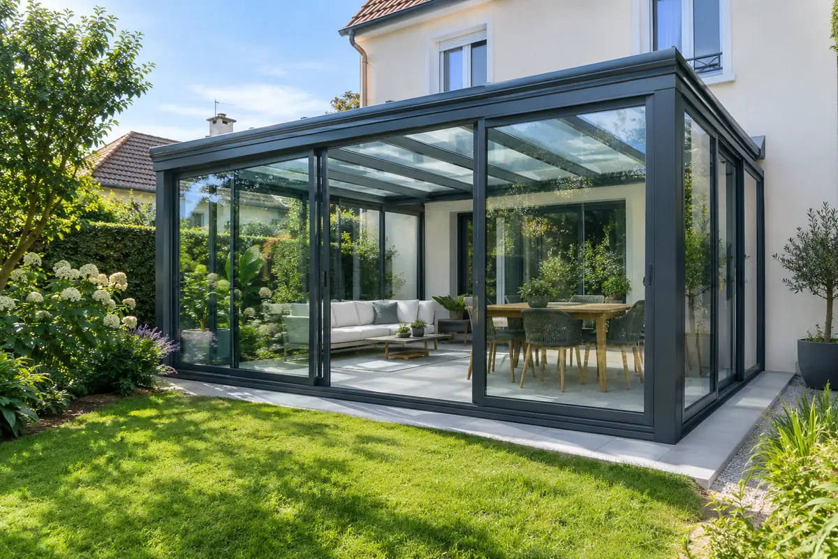 Véranda vitrée à structure aluminium dans un jardin
